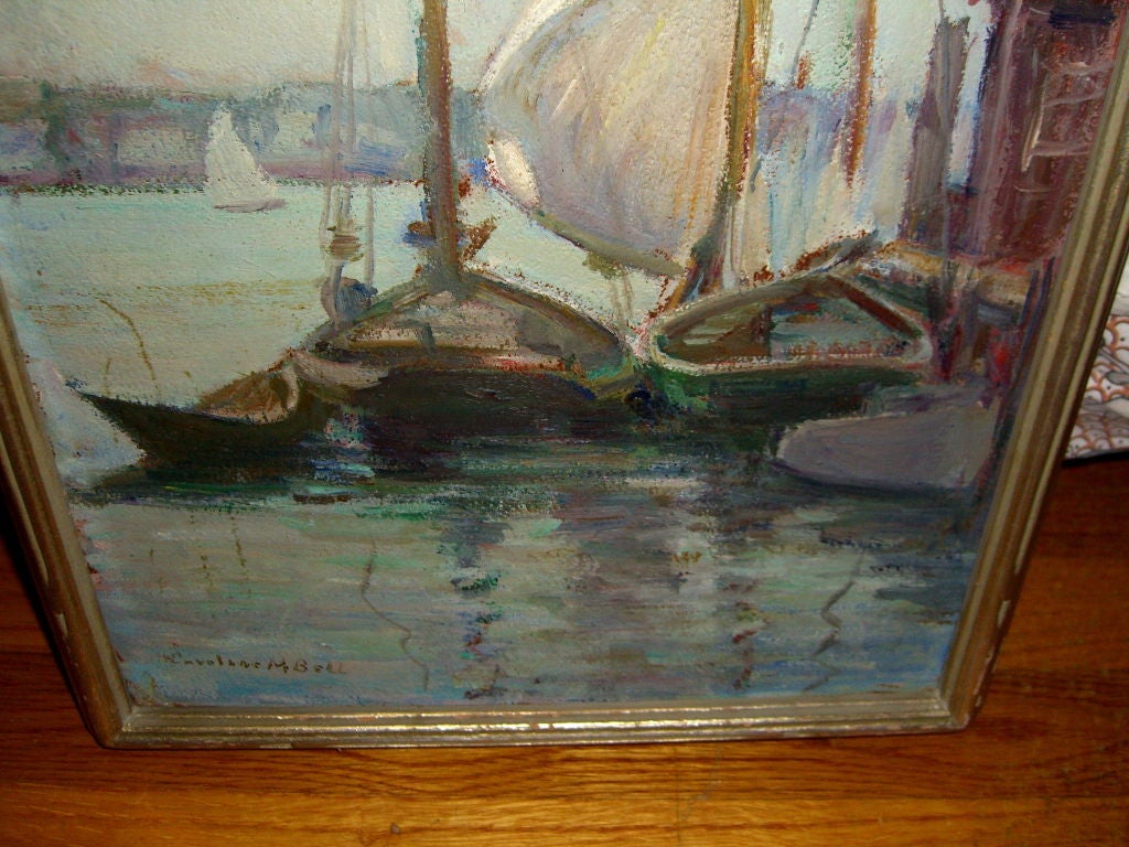 American Peconic bay impressionist Carloine M.. Bell oil board boat scene