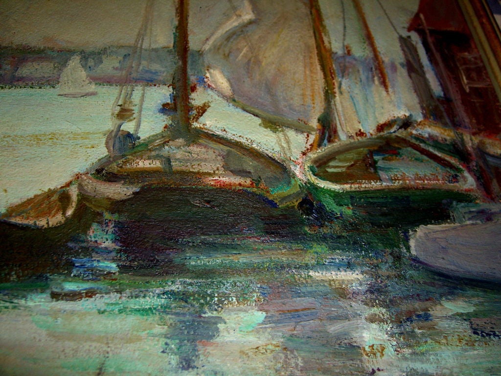 Board Peconic bay impressionist Carloine M.. Bell oil board boat scene