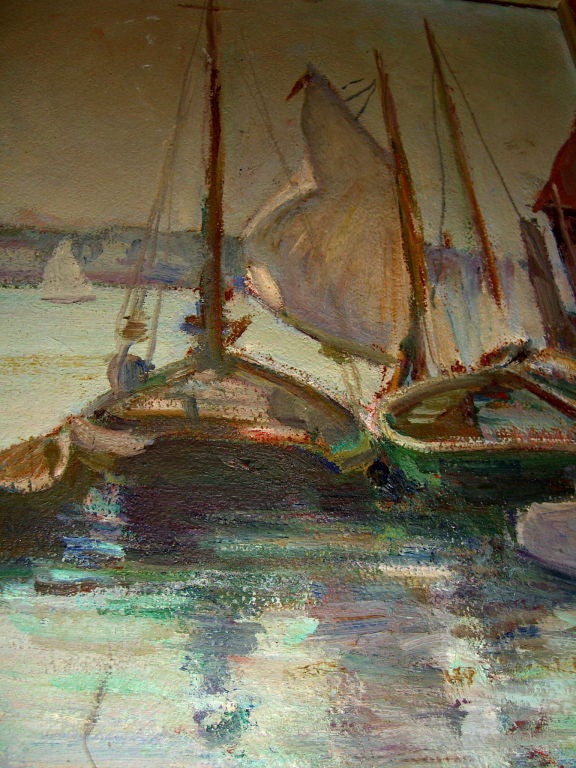Peconic bay impressionist Carloine M.. Bell oil board boat scene 1