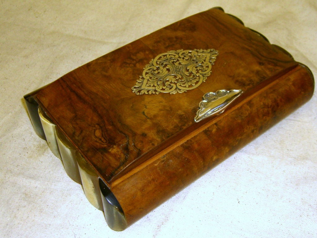 Beautiful art deco Italian burl wood box with silver and horn