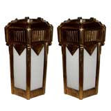 Exceptional pair Art Deco Bronze milk glass lanterns or scones