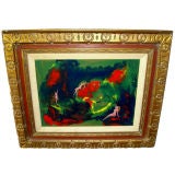 Whimsical oil on board nude woman and the devil by Rhoads 1967