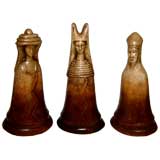3 unique hand made terracotta figures probably chess pieces