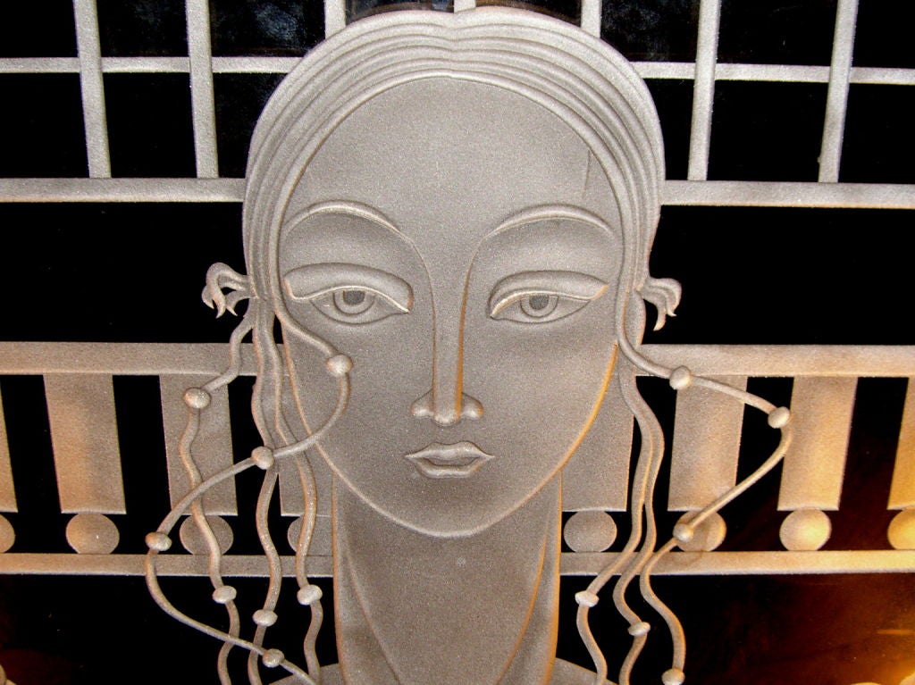 A unique and beautiful etched/sand blasted firescreen by the noted artist Dennis Abbe who founded the New York Art Deco Society, This is a rare probably specially commissioned piece as the artist is generally known for his installations. A brief