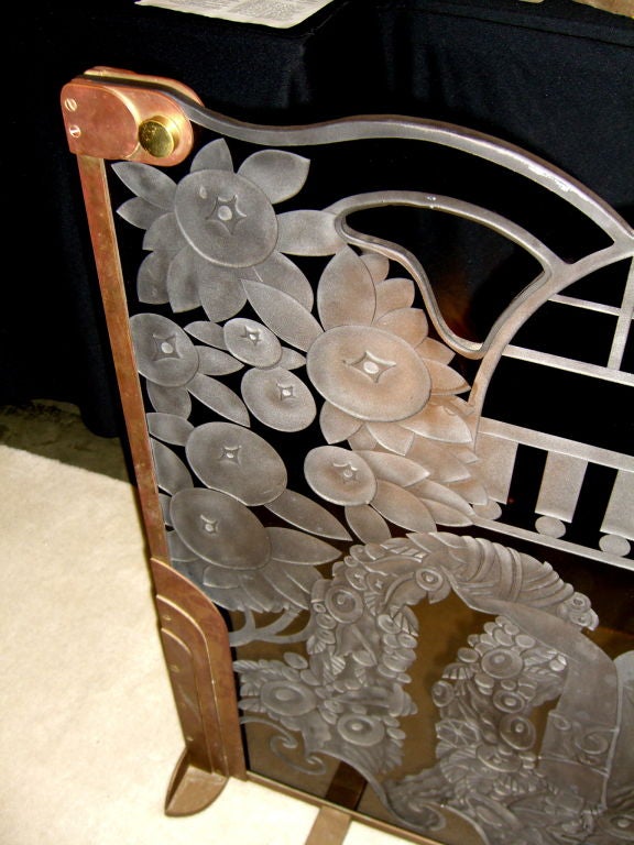 American Custom made 1970's glass and bronze firescreen by Dennis Abbe