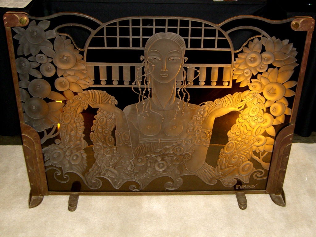 Custom made 1970's glass and bronze firescreen by Dennis Abbe 1