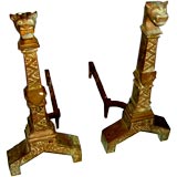Wonderful pair of bronze lion and shield andirons