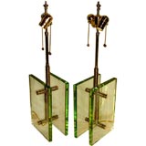 Great pair of green glass and machined brass lamps