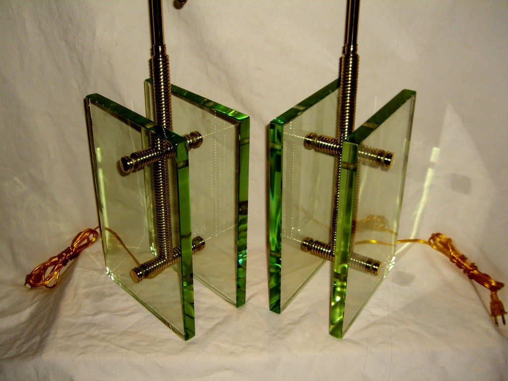Great pair of green glass and machined brass lamps