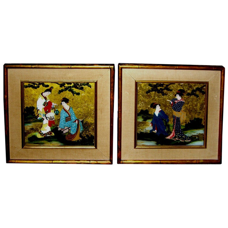 1958 gold leaf & reverse painted eglomise chinoiserie paintings