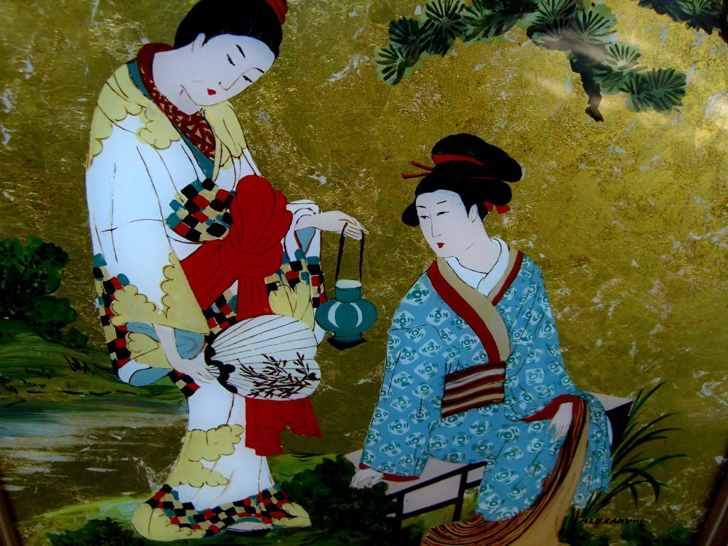 A nice pair of reverse painted eglomise chinoiserie painting with real gold leaf on the backgrounds. Each is signed Alexandria and each is in a gilded frame. They both bear a Dibble of Englewood NJ label and bear the stamped date June 6, 1958. The