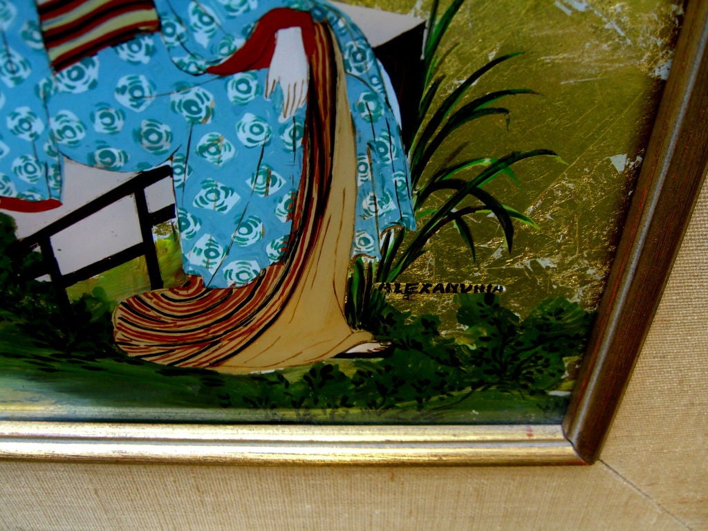 American 1958 gold leaf & reverse painted eglomise chinoiserie paintings