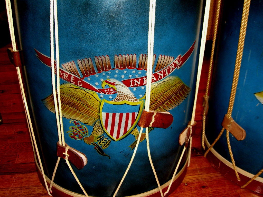 A wonderful pair of drum lamp or end tables from the Old Drum Shop of Granville Massachusetts, which even feature their original labels on the bases. I would love these used as lamps or end tables. All you need is round glass cut to your size needs.