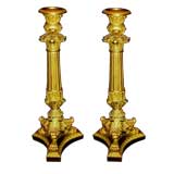 Pair 19th century period gilt ormolu bronze Empire candlesticks