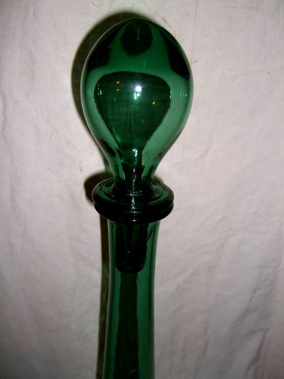 Beautiful large hand blown green glass vase with stopper