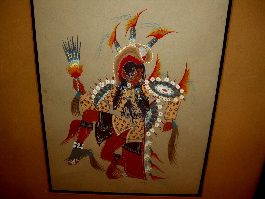 A really beautiful silkscreen by the noted native American Indian painter Woody Crumbo. It is nicely framed in a birds eye maple period frame. the back paper is original and has some staining that does not bleed through the front. It is titled