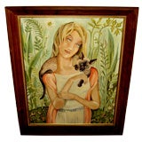 Retro Wonderful whimsical o/c woman w/ siamese cat in garden