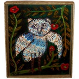 Great whimsical outsider artist oil on board of an owl