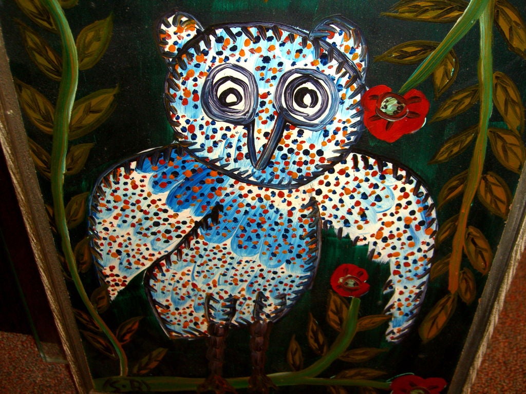 A cute outsider artist's interpretation of one of Picasso's most famous ceramic motifs the owl. This oil on board we date to the 1950's based on the frame, board and recollection of the original owner. It is framed in a nice driftwood frame. It is