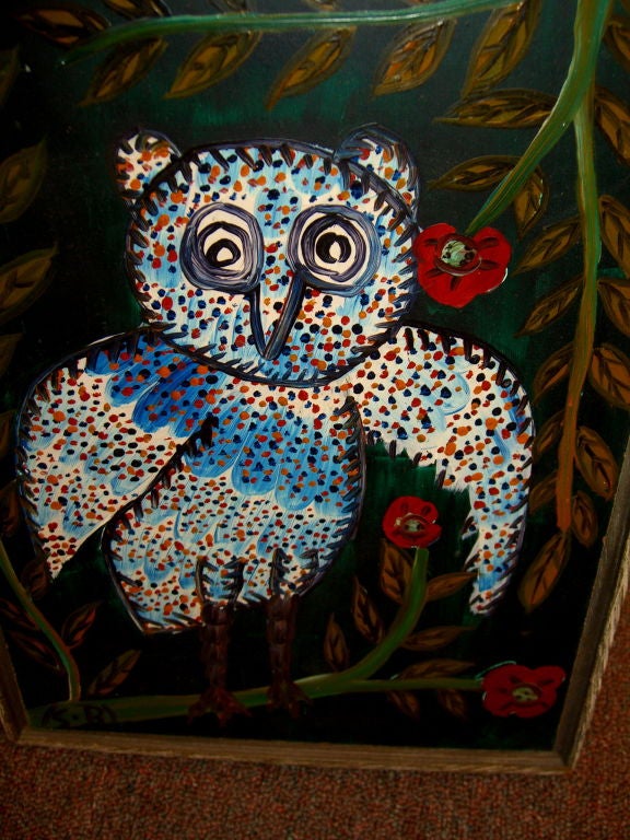 Board Great whimsical outsider artist oil on board of an owl