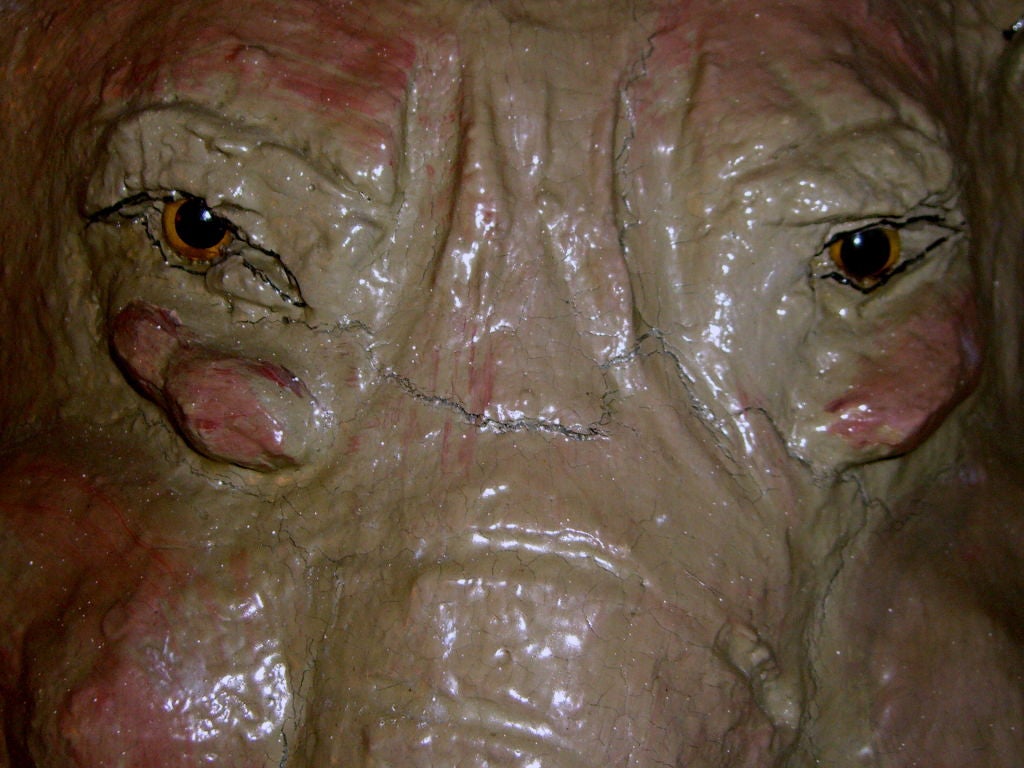 Whimsical outsider art sculpture of Elephant w/ glass eyes 1983