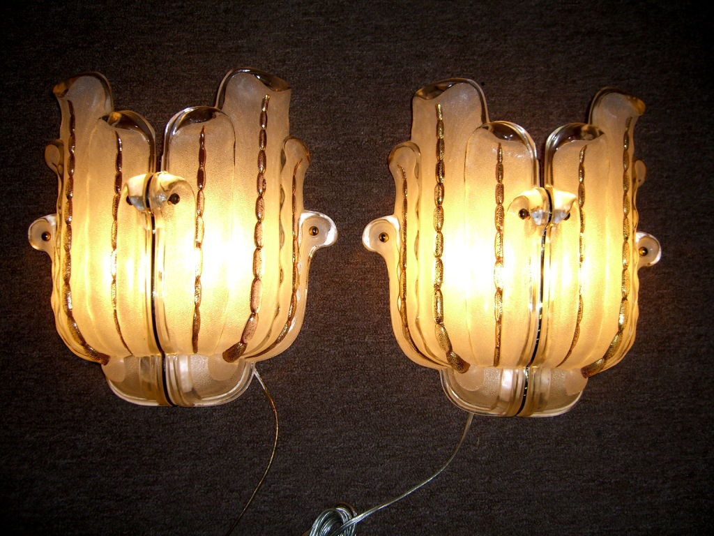 Pr of Venini Murano 1960's sconces white & gold w/ original rect