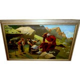 Whimsical 19th cty oil of of troll or ogre being helped by elves