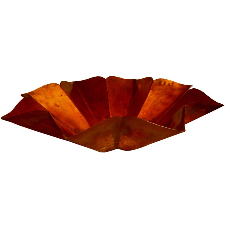 American arts 
crafts hand wrought copper bowl great hand logo