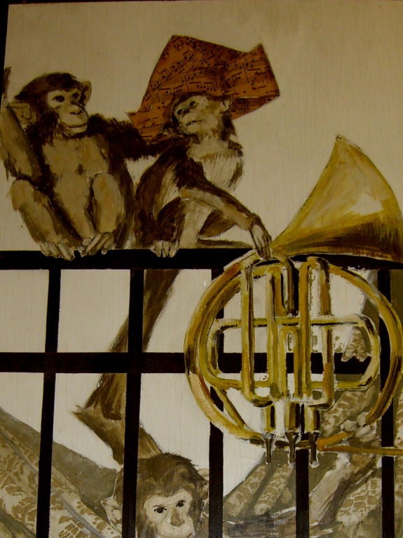 Mid-20th Century French Hand-Painted Signed Screen Background with Monkeys in a Band