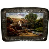 Antique Great 19th century folk art painted silver plate platter w/train