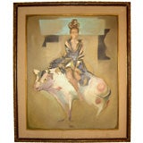 Oil on canvas of a woman riding a bull by noted Dario Cecchi
