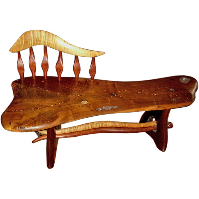 Incredible mixed exotic wood bench noted craftsman Steven Spiro