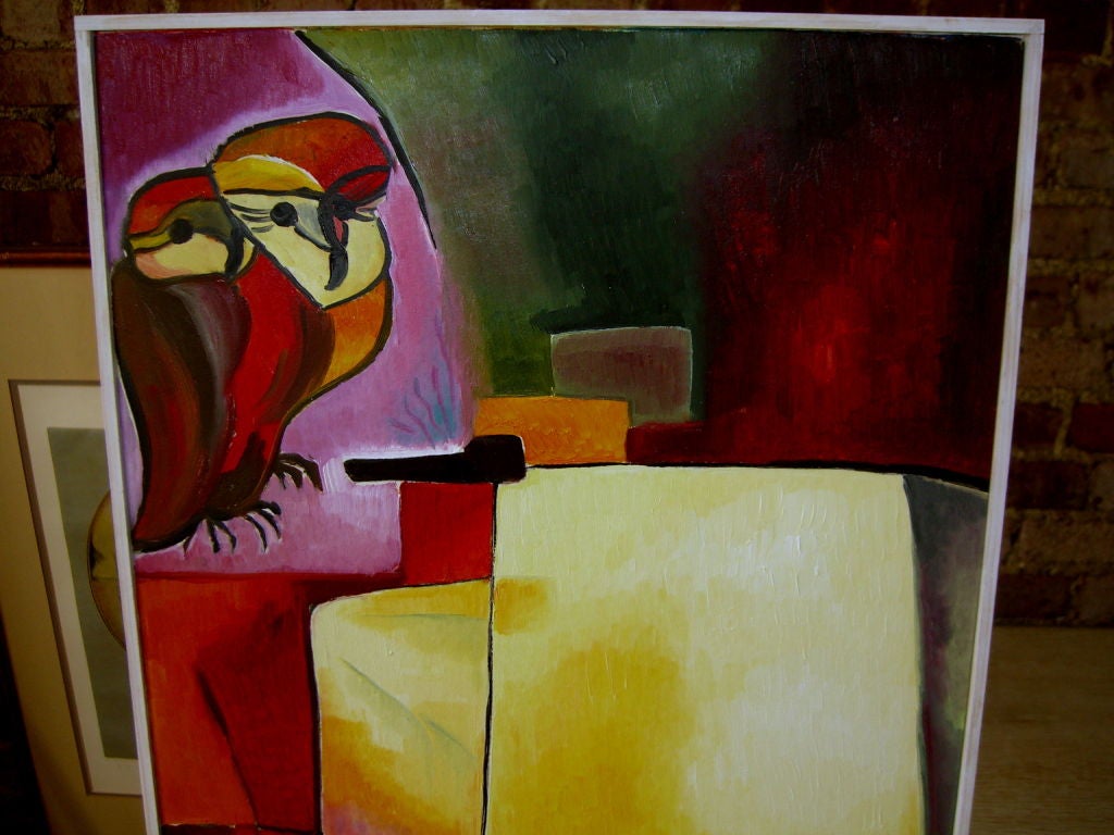 A nice cubist acrylic on canvas by the up and coming Roumanian artist Gabriella Huluba. It is simply framed and was stretched in this country. It is dated and signed 2004.