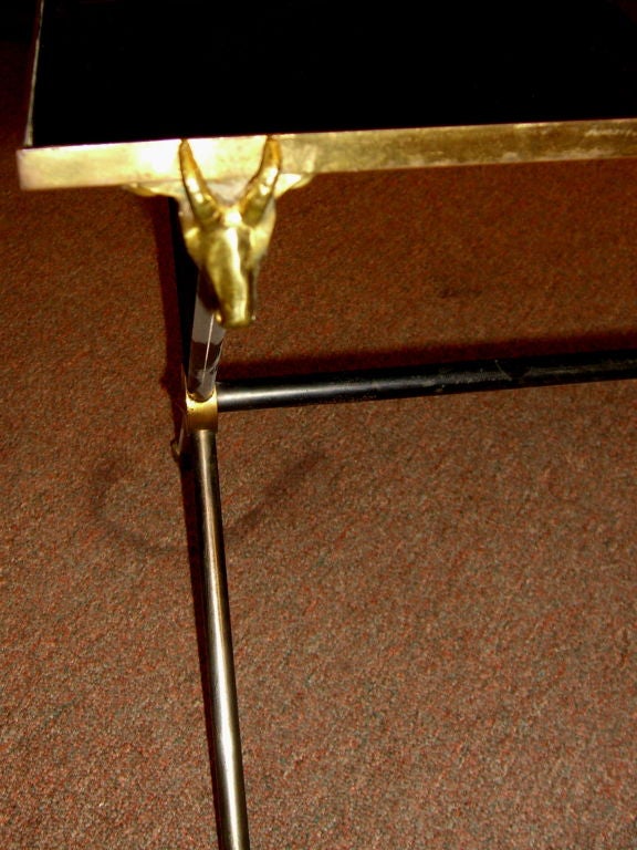 French Ram's head bronze & black glass coffee table style of Jansen
