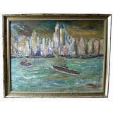 Great 1940's New York City Harbor scene with boats oil on canvas