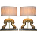 Pair of Lions Paw Lamps with custom linen shades.
