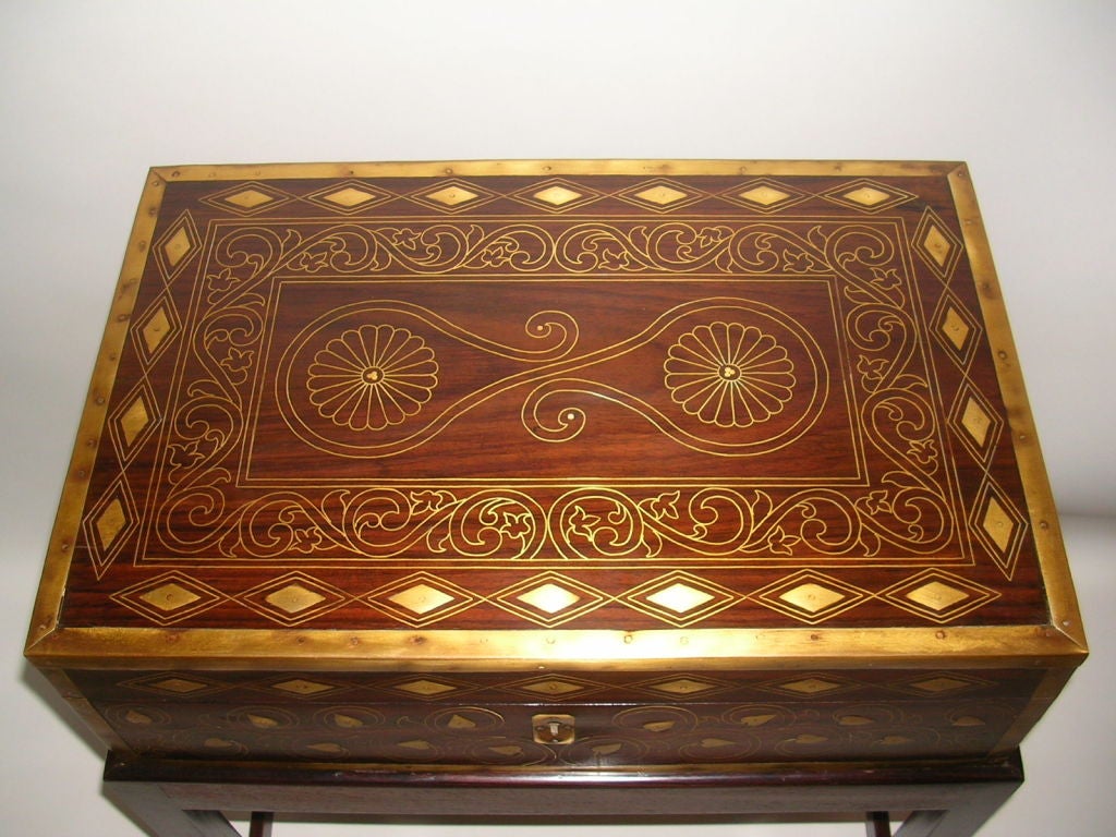 British Colonial Rosewood and Inlaid Brass Document Box On Stand