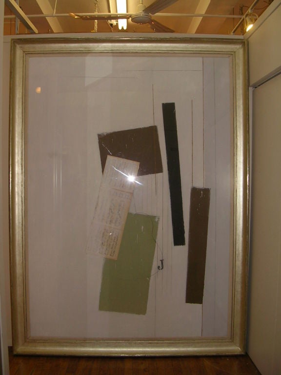 A Stephen Edlich (1944-1989) mixed media collage comprised of acrylic, jute and sheet music in shades of white, chocolate brown, celadon and black on paper in a lemon gilt frame with original 1977 label from the Gruenebaum Gallery where he had his
