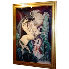 Vintage Art Deco  Reverse Painting On Glass Of  St. George & The Dragon
