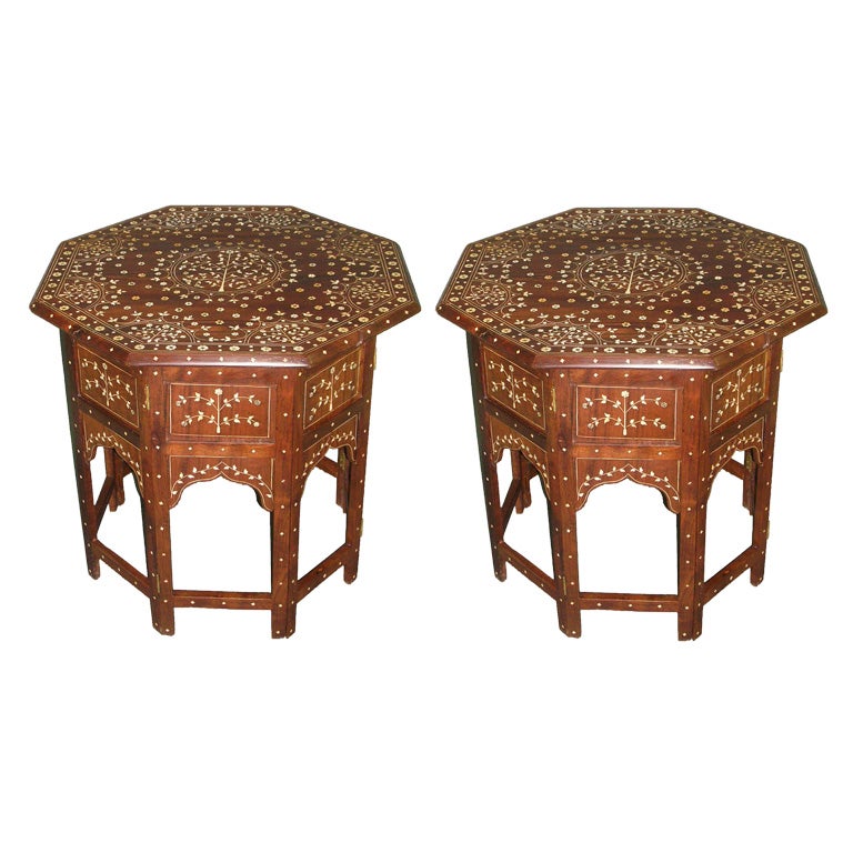 Pair of 19th C  Anglo-Indian Ivory Inlaid Octagonal SideTables