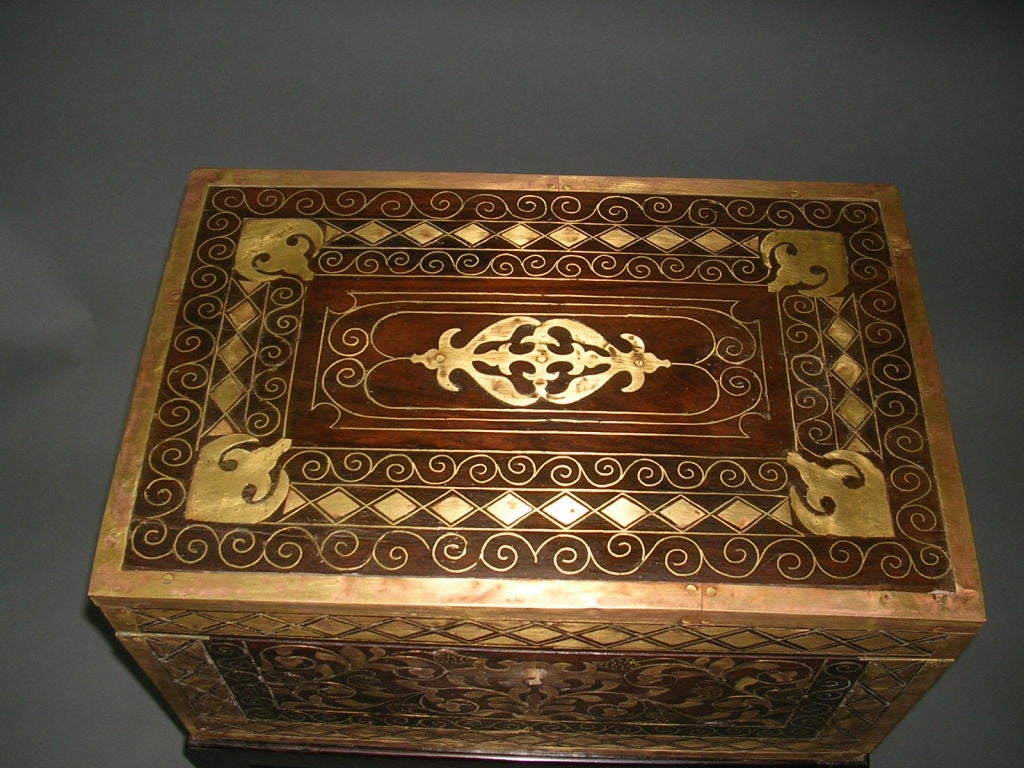 Huge 19th C Anglo-Indian Inlaid Brass Box On Stand Side Table