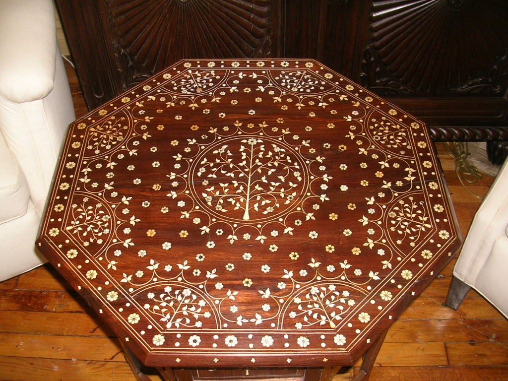Rosewood Pair of 19th C  Anglo-Indian Ivory Inlaid Octagonal SideTables