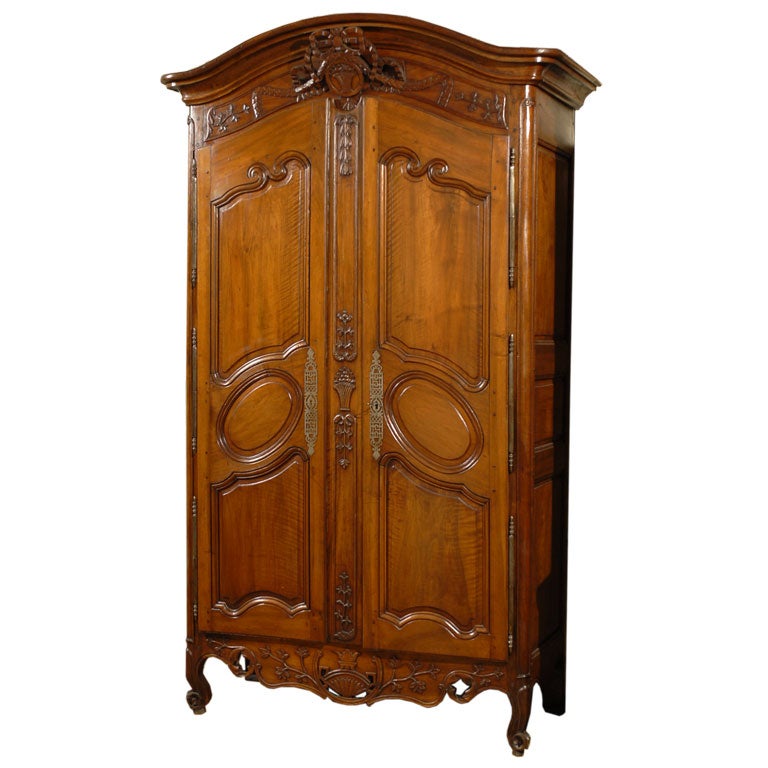 French Louis XV 1730s Walnut Armoire from Provence with Carved Floral Décor