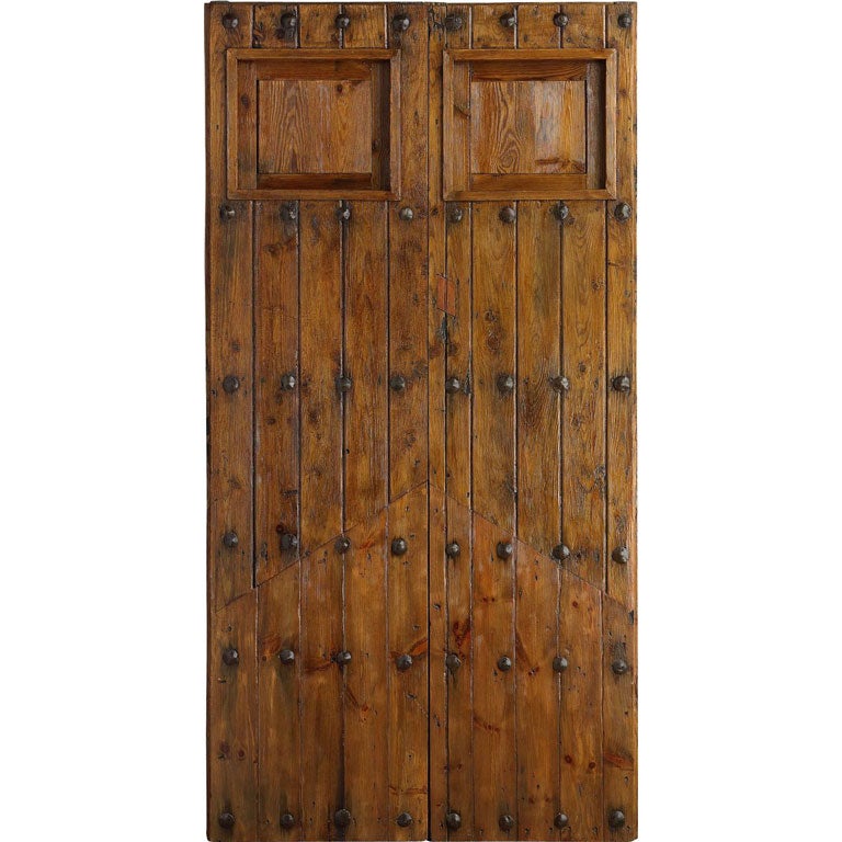 Portera-18th C. Antique Spanish Double Door W/ Windows & Nails For Sale