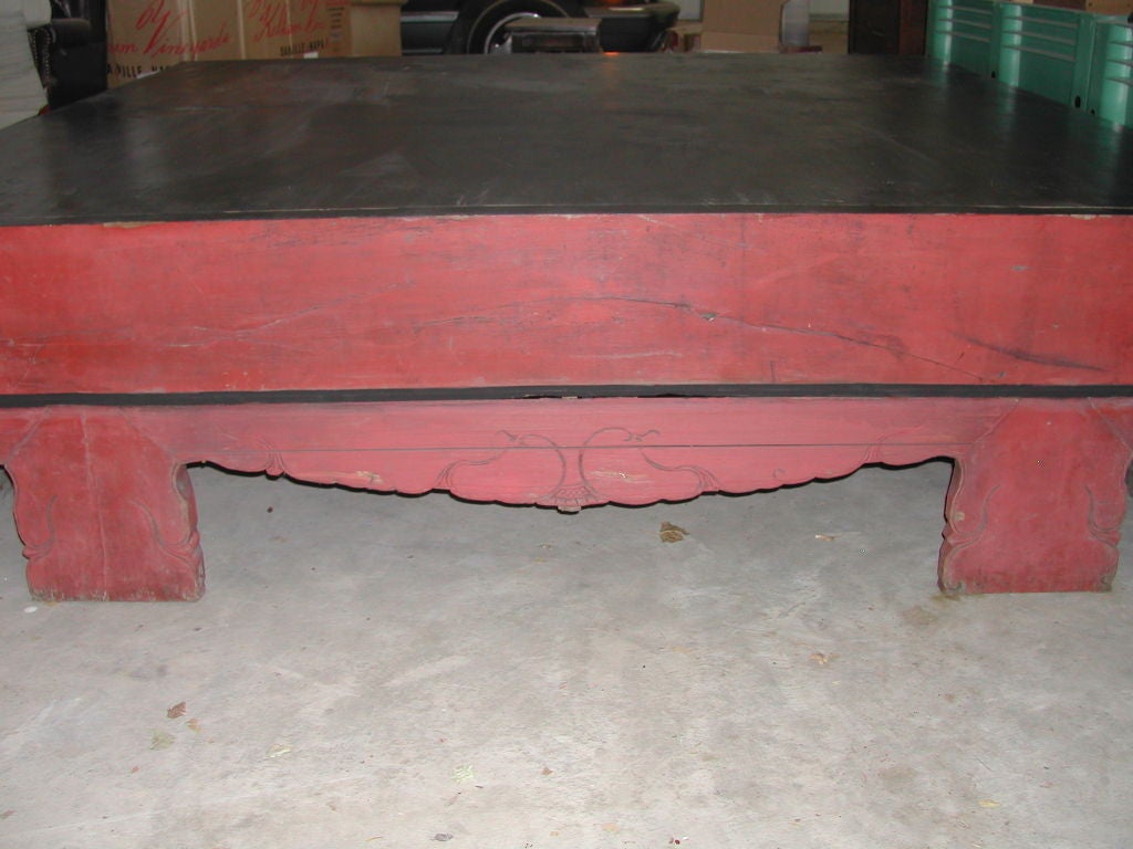 HUGE buddah bed platform perfect of king size modern bed w/ room.  colors are not showing true, the red is powdered down and not bright at all.  all legs have diferent symbols, top is black with a few scratches from when they removed the buddah. 