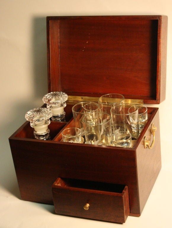 Gentleman's Portable Liquor Box containing 2 identical cut glass Decanters etched with Mallard Ducks in flight over water and bull-rushes. 4 Tumbler Glasses 4 Shot Glasses all with etched Mallard Ducks etc. Solid Brass insert to hold glasses in