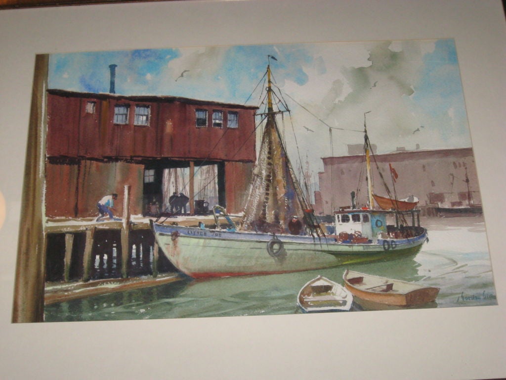 Watercolor of Gloucester harbor scene by listed American Artist Gordon Grant (framed and under glass)...Soho location.