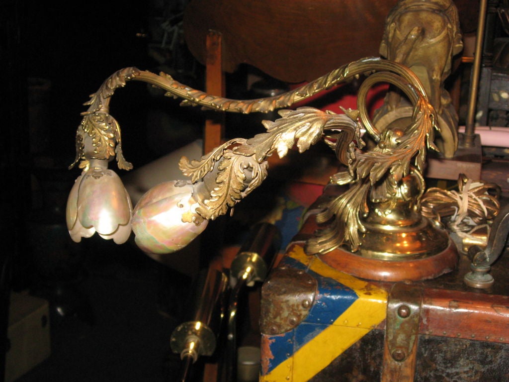 Turn of the century brass and shell piano lamp, Soho location.