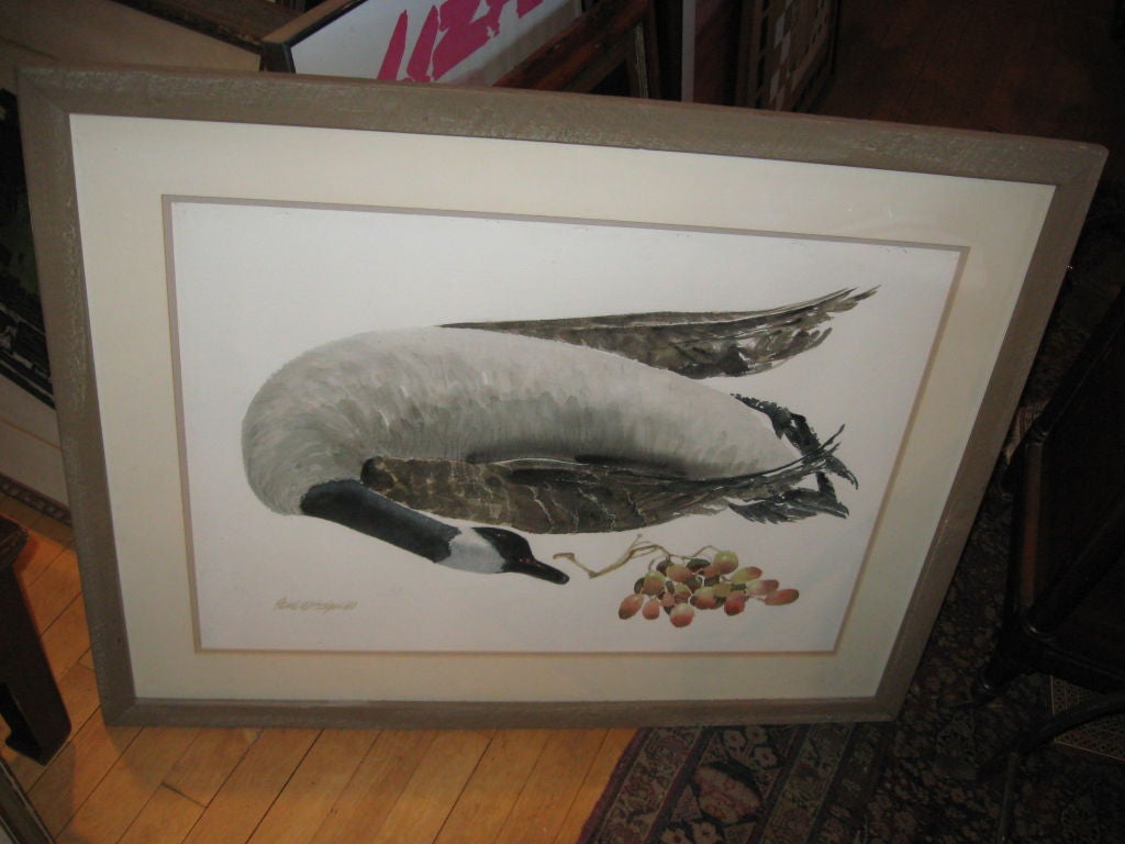 Watercolor still life of a goose with grapes by Paul Hodgu under glass in a wood frame.