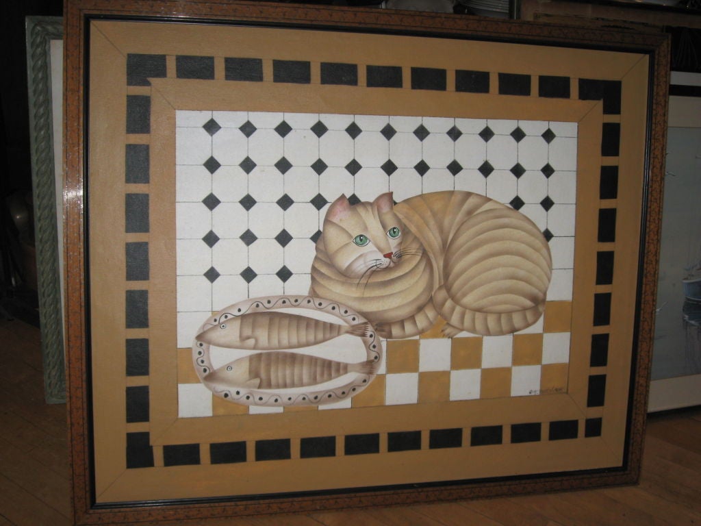 Signed stylized oil painting of a cat in a hand-painted frame.